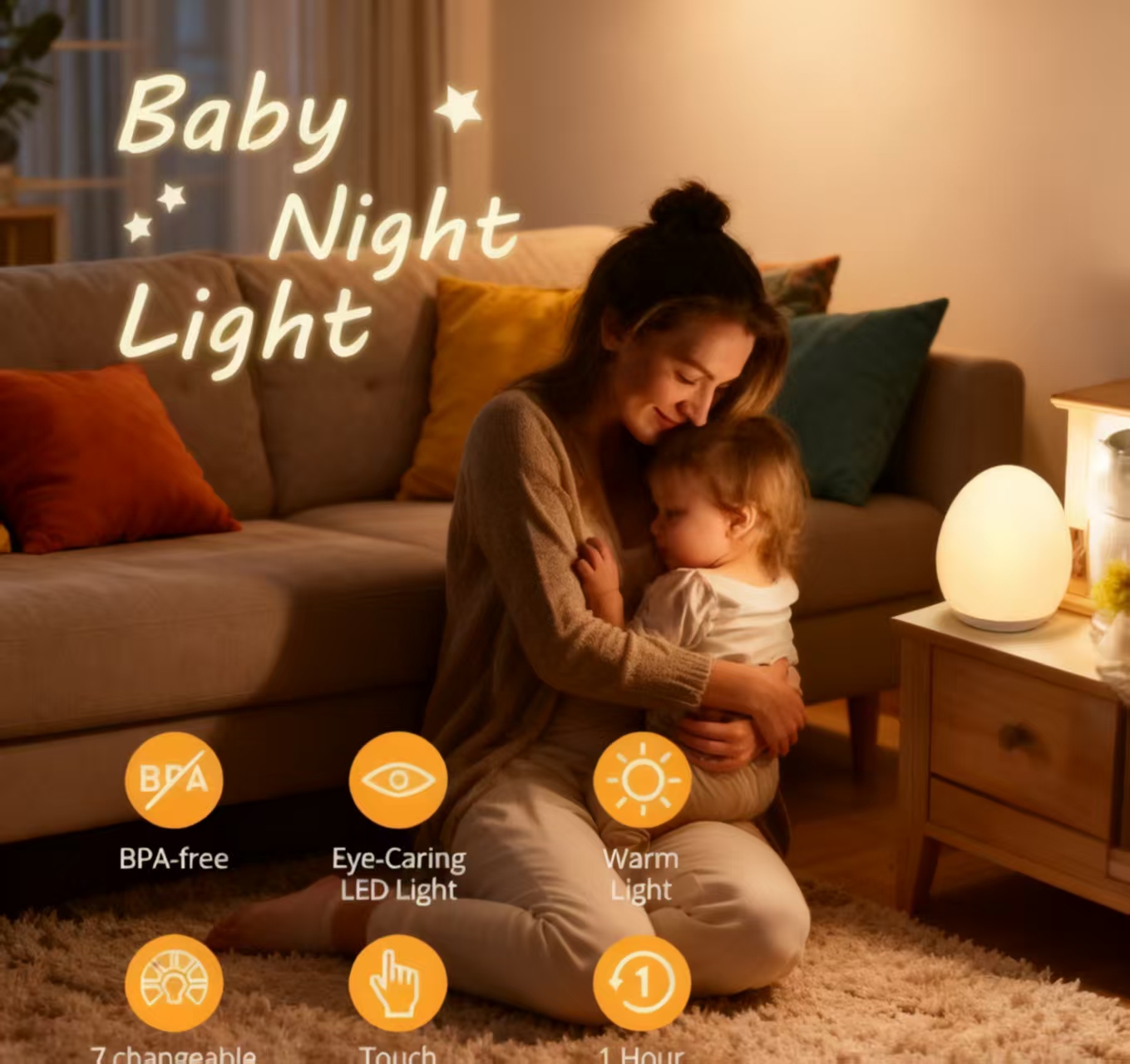 Touch Dimmer Lamp - “Egg-Shaped Silicone Night Light, Touch-Dimmable 7-Color